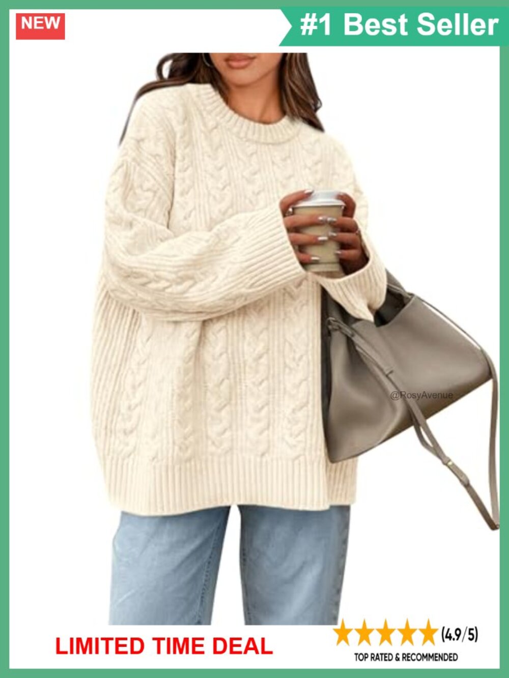 Oversized Cable Knit Crewneck Pullover Sweater Long Sleeve Chunky Cozy Knitted